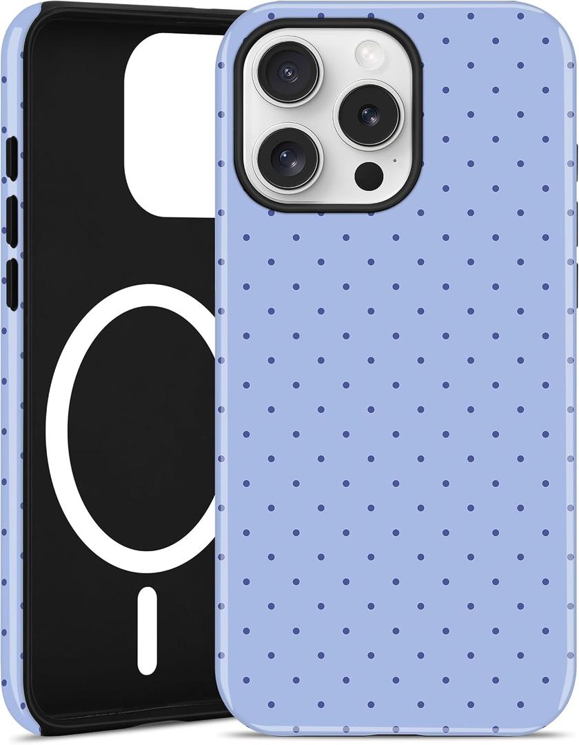 Magnetic Polka Dot Phone Case for iPhone 14 Pro Max, Compatible with MagSafe, Cute Blue Polka Dots Aesthetic Soft TPU and Hard PC Shockproof Protective Phone Cover for Women Girls-Shiny