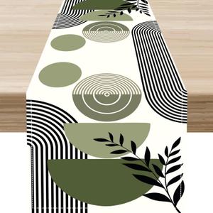 Green Mid Century Table Runner, Boho Abstract Leaves Arch Geometric Modern Table Decor ations for Kitchen Living Room Home Party Decor 13x36 inch