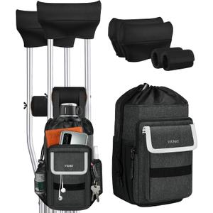 Ytonet 5 PCS Crutch Pads, Bag & Hand Grips, Includes 2 Armpit Pads & 2 Non-Slip Grips, Large Water-Resistant Lightweight Accessories Storage Pouch with Reflective Strips for Standard Crutches (Black)