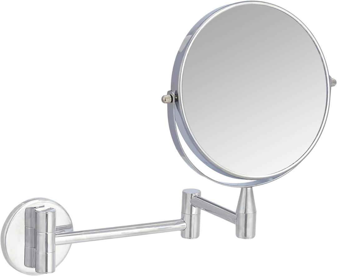 Amazon Basics Wall Mount Round Vanity Mirror with 360 Rotation, Double Sided, 1X/5X Magnification, Adjustable, 12.8"L x 10"W, Chrome