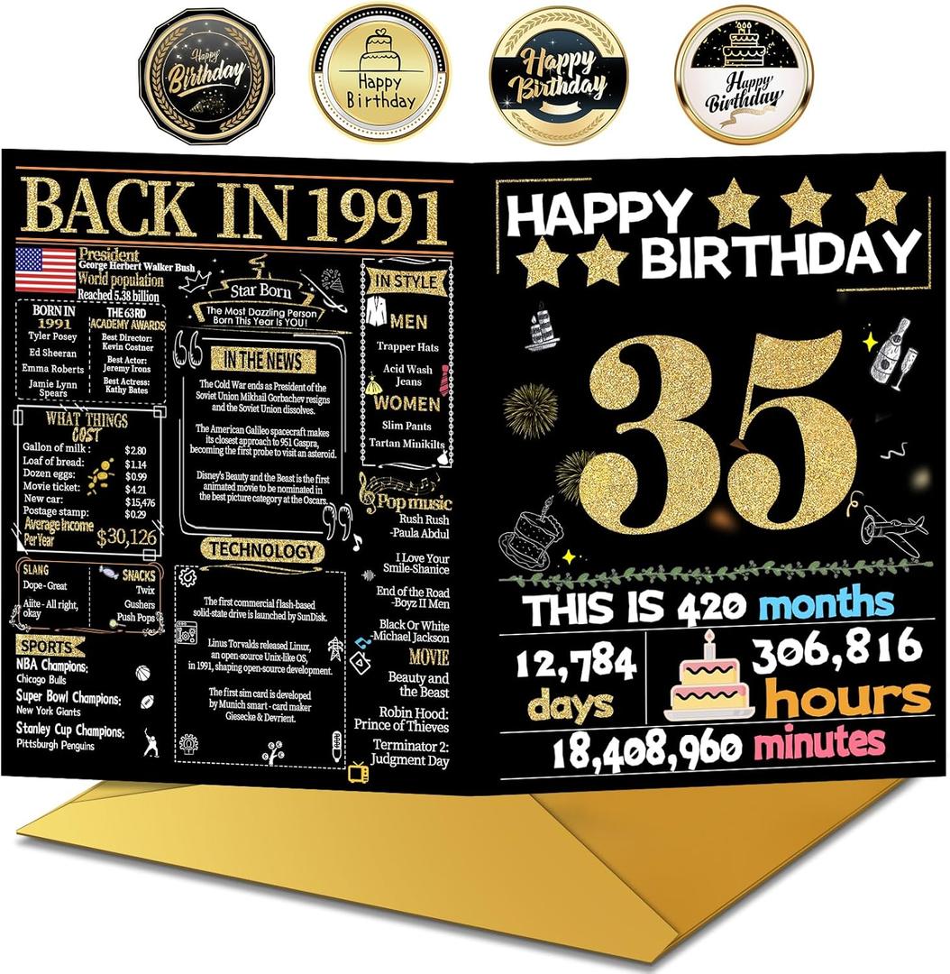 Joycard 35th Birthday Card with Envelope, 35th Birthday Decorations for Women Men, 35th Birthday Gifts for Her Him, Happy Birthday Cards for 35 Year Old Daughter Son, Back in 1991