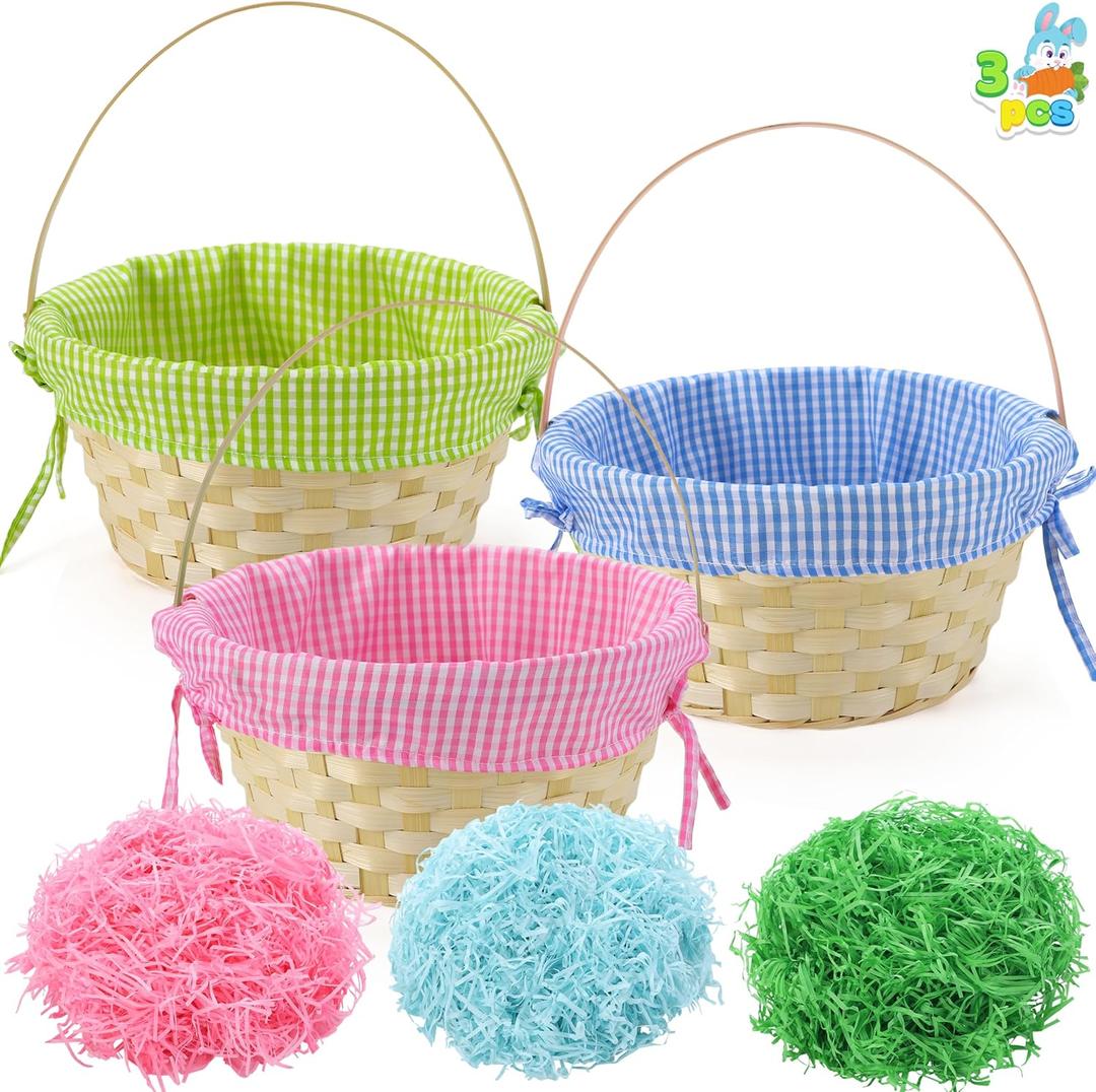 JOYIN 1 PCS Easter Bamboo Baskets with Plaid Lining and Handle and 3 Colors Grass Paper Shreds for Easter Egg Hunt, Kids Party Treats, Filling with Party Favors (Blue, Pink, Green)