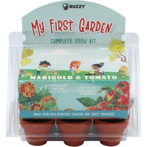 BUZZY Seeds Mini Greenhouse 6Pot Flower and Vegetable Seed Starter Kit for Kids and Adults | Organic Cherry Tomato and Marigold Seeds | Grow Indoor Gardening | Kids Gardening, Terracota