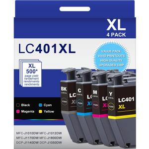 LC401XL LC401 4-Packs High Yield Ink Cartridges Compatible for Brother 401XL LC-401 Ink Cartridges Work with MFC-J1010DW MFC-J1170DW MFC-J1012DW MFC-J1800DW (Black Cyan Magenta Yellow)