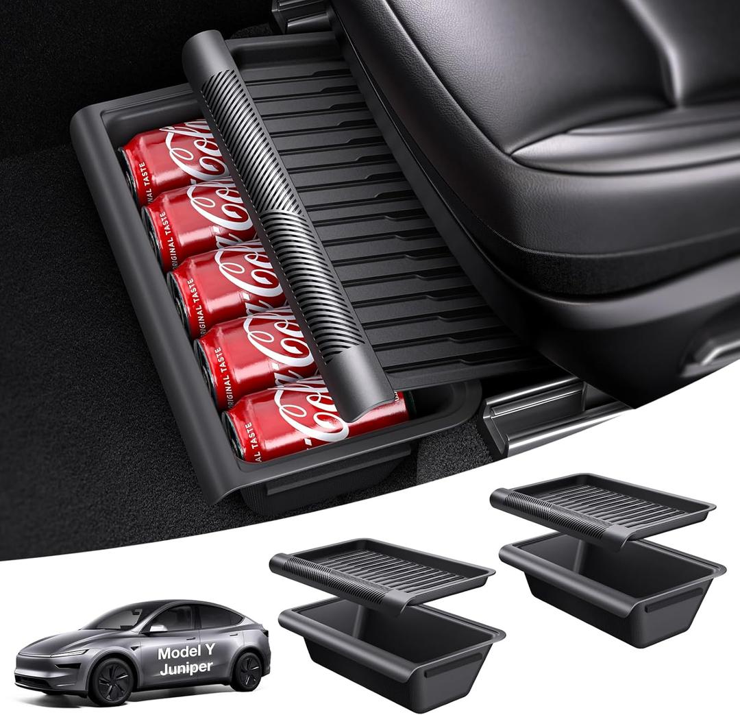 Wigoo Under Seat Storage Box for Tesla Model Y Juniper 2025~2026, 2 Pack Underseat Storage Tray with Lid, Secure No-Slide Design