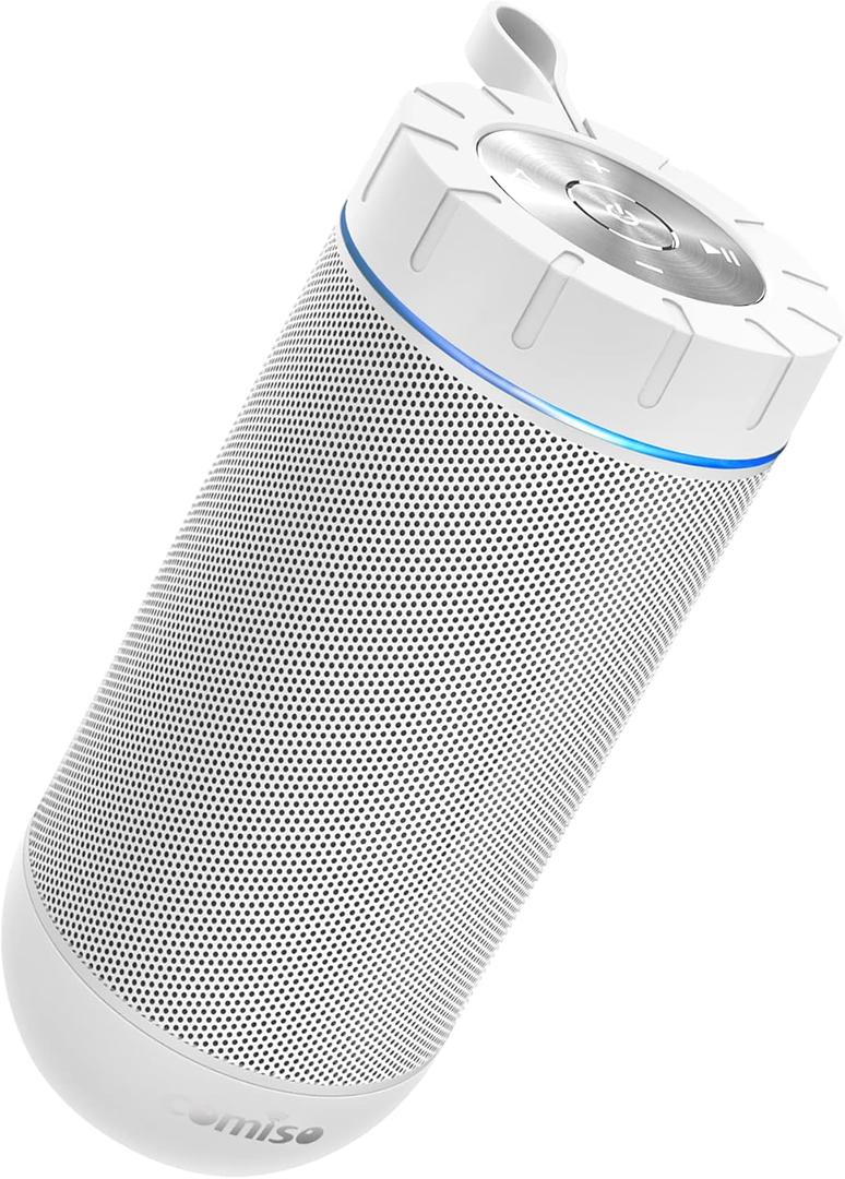 comiso X26 Bluetooth Speaker, IPX4 Waterproof Speakers 360° HD Surround Sound with Punchy Bass, Wireless Dual Pairing, 24H Playtime, Portable Speaker for Shower, Home, Outdoor, Camping, BeachWhite