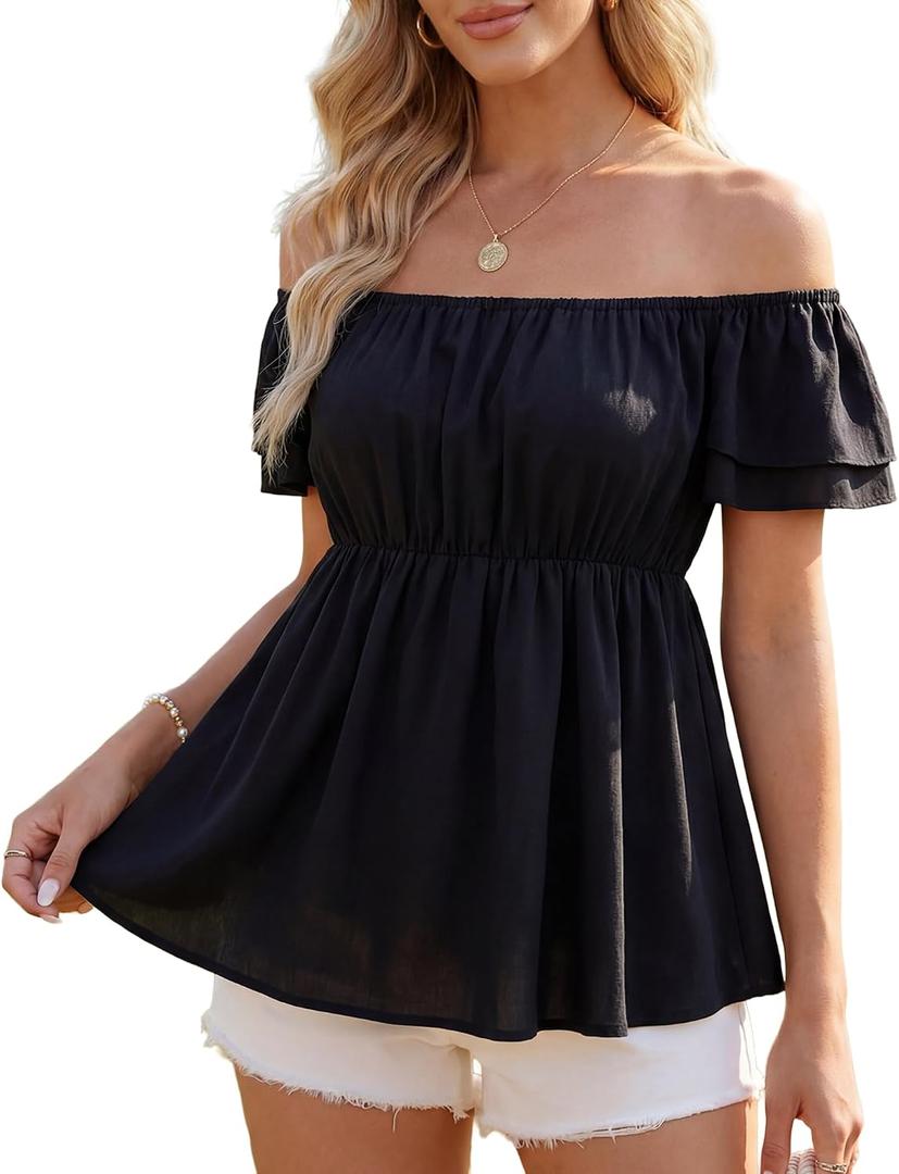 Women's Off Shoulder Boho Floral Blouse Short Sleeve Flowy Dressy Casual Top (Black, XXL)