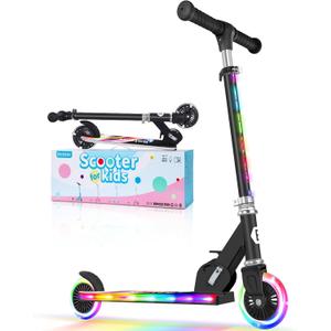 BELEEV V2 Scooters for Kids with Light-Up Wheels & Stem & Deck, 2 Wheel Folding Scooter for Girls Boys, 3 Adjustable Height, Non-Slip Pattern Deck, Lightweight Kick Scooter for Children Ages 3-12 (Black Rainbow)