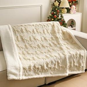 Remagr Beige Christmas Sherpa Throw Blanket 3D Christmas Tree Snowflake Reindeer Double-Sided Thick Soft Plush Fluffy Decoration for Couch, Bed, Sofa Holiday Party Gifts, 50" x 60"(Reindeer)