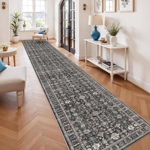 Long Hallway Runner Rug 3x25: Non Slip Runner Rugs with Rubber Backing Soft Kitchen Rug Farmhouse Distressed Carpet Runner for Living Room Bedroom Bathroom (Dark Black Gray, 3X25)