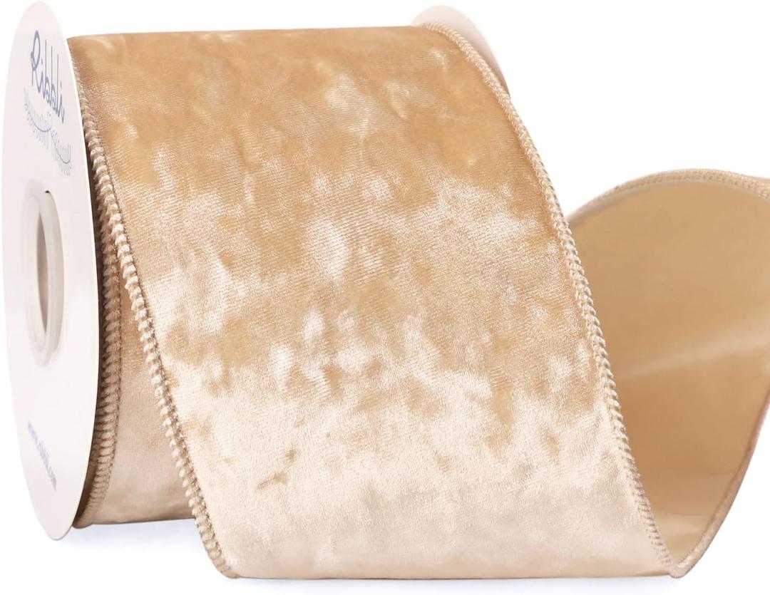 Ribbli Champagne Velvet Wired Ribbon 4 Inch Crushed Velvet Christmas Ribbon for Gift Wrapping Christmas Tree Decoration Crafts Wreaths Supplies-Continuous 10 Yards