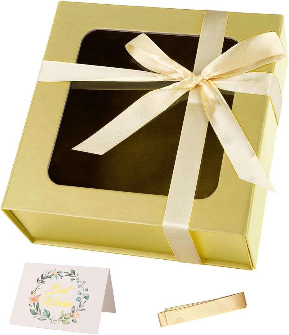 Gold Gift Box with Window, 7.5"x7.5"x3.1" Magnetic Closure Lid Gift Boxes