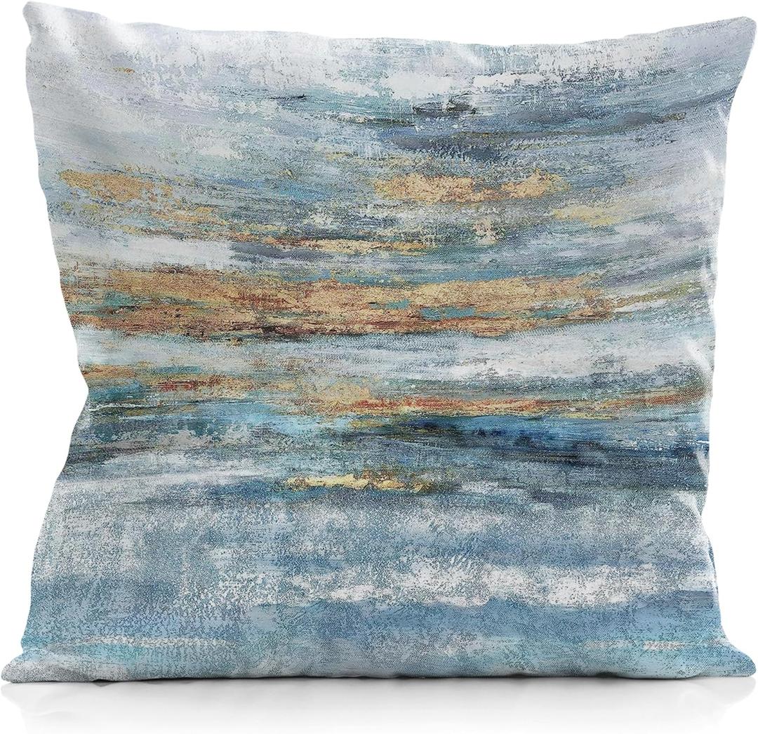 Nav Blue Decorative Abstract Pillows Covers 20x20, Decorative Throw Pillows Covers for Couch, Navy Blue Gold Accent Pillow for Bed (Modern Blue White Painting)