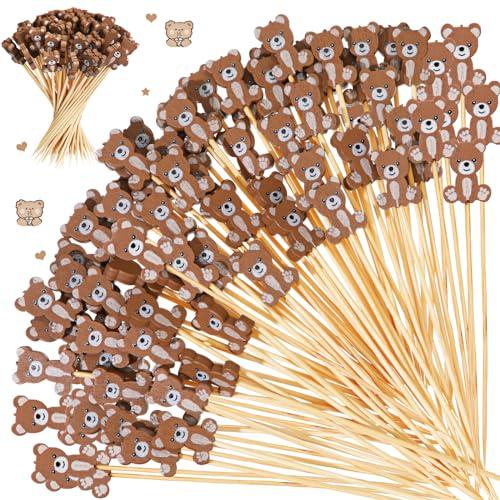 Tioncy 100 Pcs Bear Cocktail Picks 4.7 Inch Bear Cocktail Toothpicks for Appetizers Decorative Bamboo Skewers Party Decorations Fruit Food Picks for Party Supplies