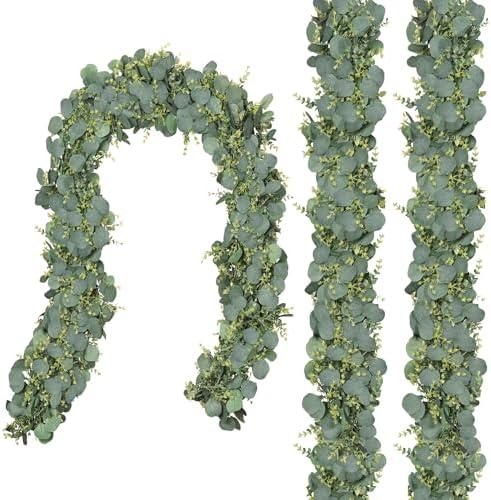 CQURE 3Pcs Eucalyptus Garland,Artificial Eucalyptus Leaves Table Greenery Garland Wreath Vines for Wedding Party Table Fireplace Bedroom Wall Room Decor, Size: 17.7 Ft