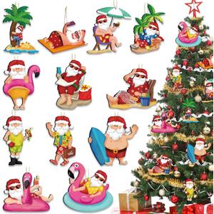 Amyhill 36 Pieces Beach Christmas Ornaments for Tree Beach Santa Holiday Decorations Wooden Santa Palm Tree Tropical Flamingo Boat Surfboard Hanging Ornaments for Christmas Decor