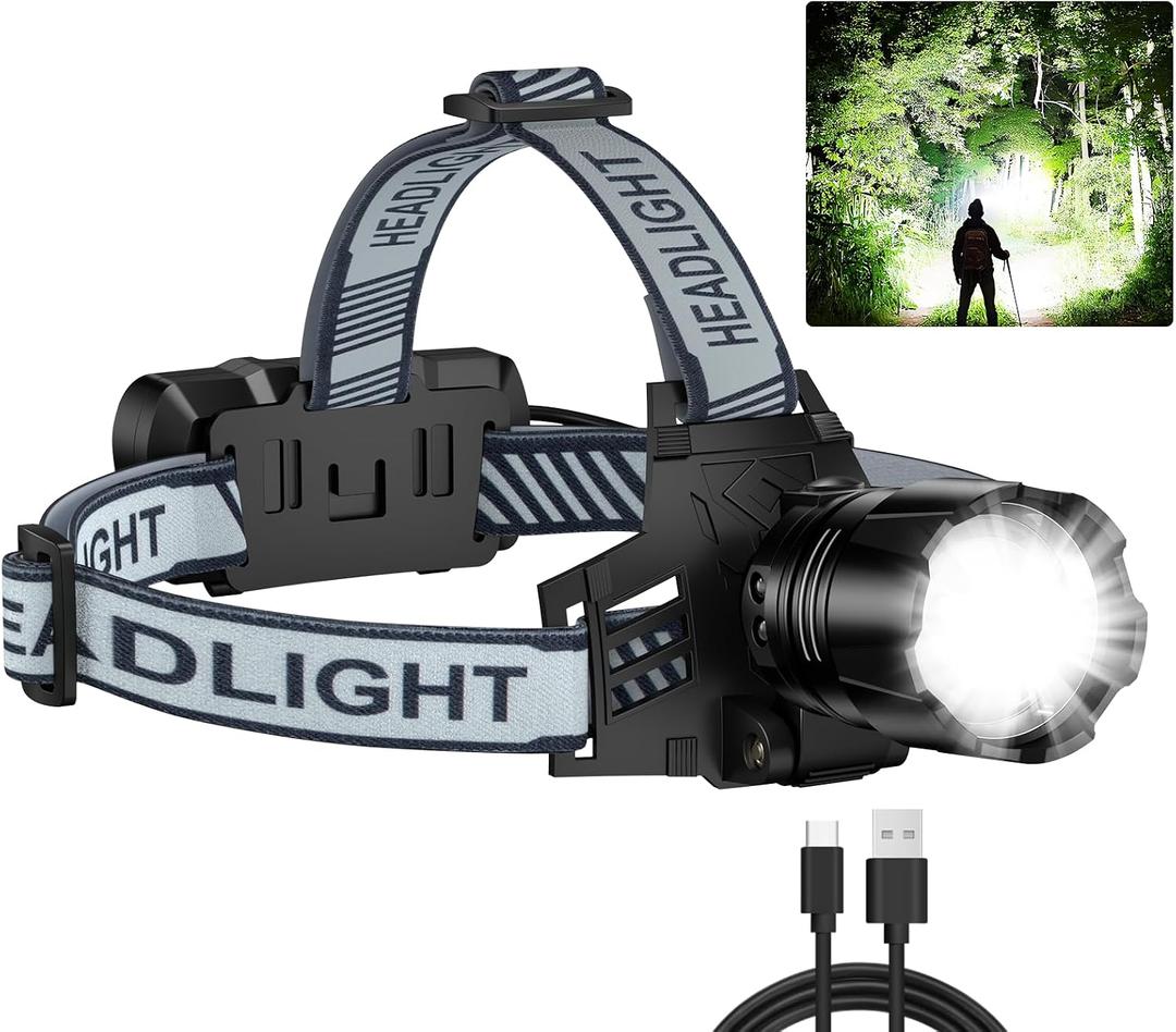 Headlamp Rechargeable, 99000 LM Super Bright LED Head Lamp with 3 Modes, 90 Adjustable Head Lights for Forehead, 20+Hrs Runtime & IPX6 Waterproof HeadLamps for Camping Running