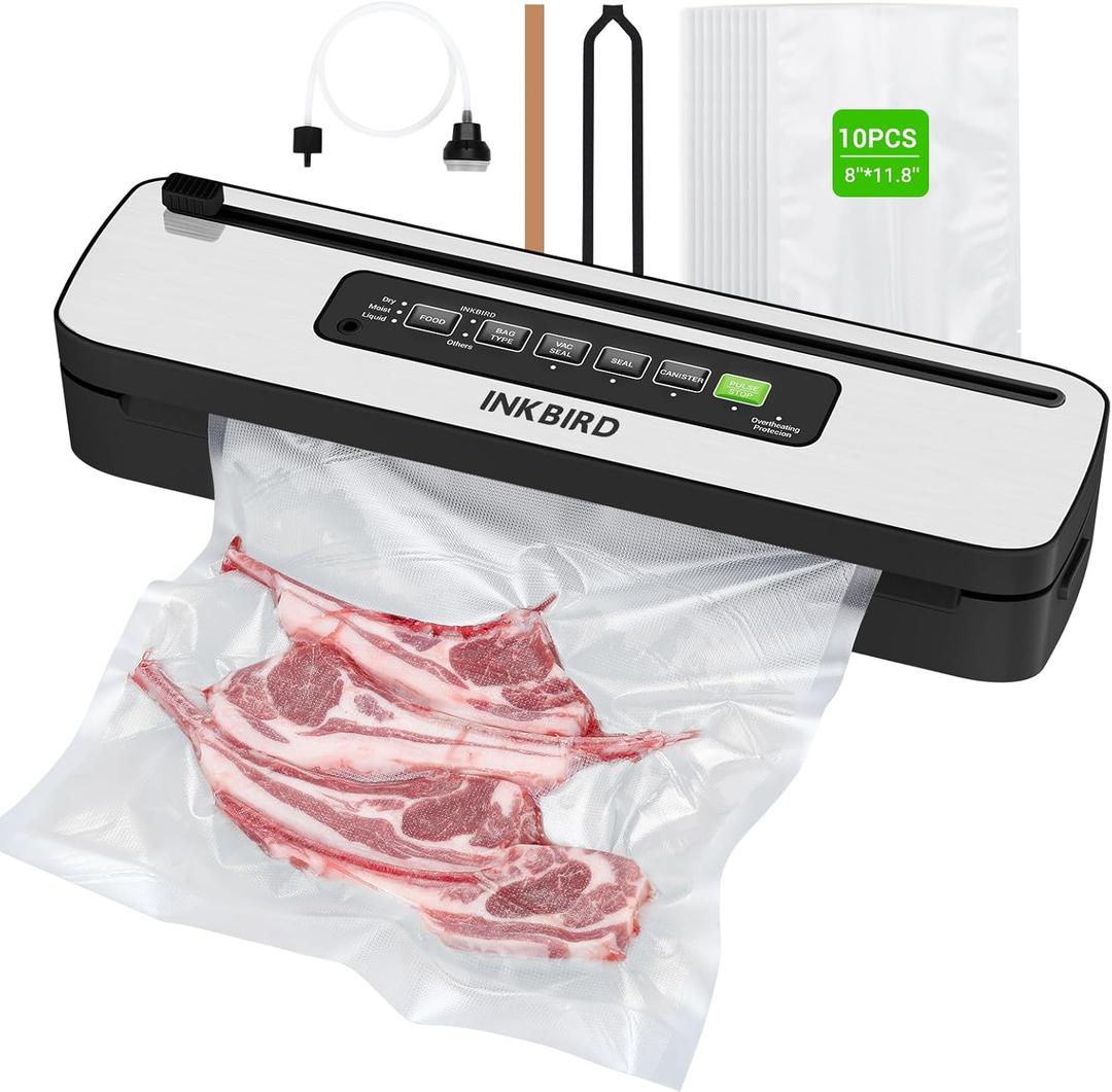 Vacuum Sealer Machine, INKBIRD Powerful 130W High Power with Liquid/Moist/Dry 6-Food Modes, Compact Food Preservation System with Cutter, Full Start Kit with Pre-cut Bags*10 (8''*11.8''), EXT-VAC (Black)