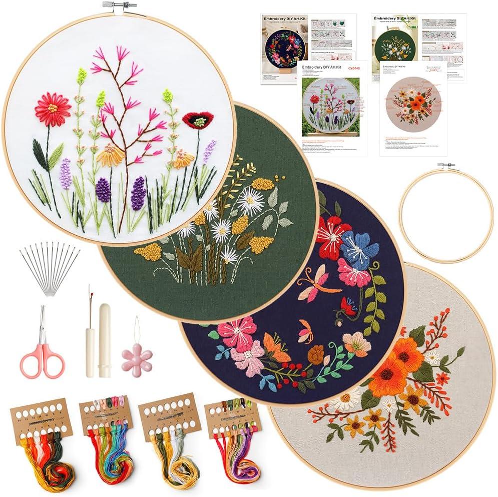 4 Pack Embroidery kit for Beginners Adults DIY Starter Kit, Cross Stitch Kits with Flower Stamped Patterns, Embroidery Hoop, Tools,Colorful Threads,Step by Step Instructions,Hand Craft Lover Gift (8 inches x 8 inches)