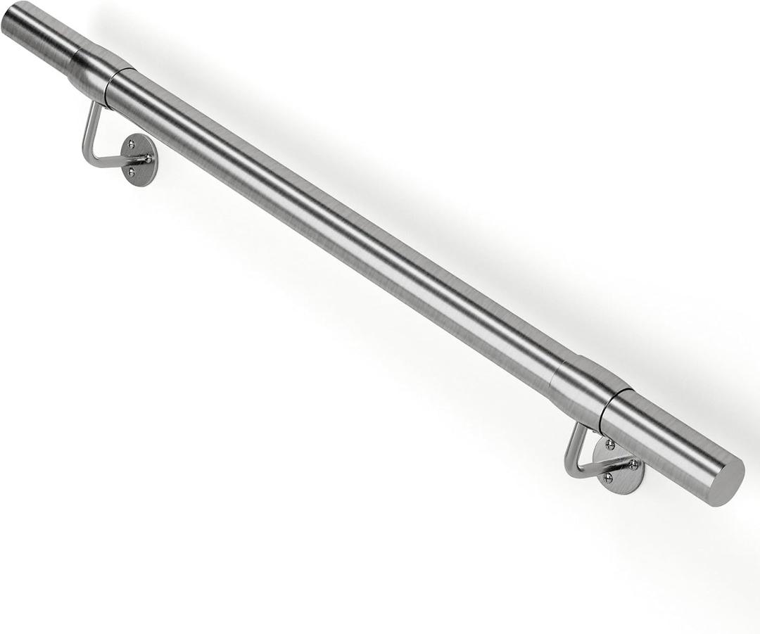 4Ft Industrial Metal Stairs Handrail Kit, Sturdy Wall Mount 304 Stainless Steel Hand Rail, Indoor Outdoor Stair Railing Wood Concrete Brick Wall,1.65 in Round Pipe Grab Bar, Silver