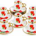12 Piece Porcelain Tea Cups and Saucers Set - Red Floral Coffee Cups with Gold Trim, 100ml Espresso Turkish Coffee Set, Elegant Tea Party Gift (Red 100ml 6 cups 6 plates)