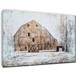 YHSKY ARTS Rustic Barn Hand Painted Textured Canvas Wall Art, Farmhouse Winter Landscape Painting for Home Decor (47.2"L x 35.5"W)