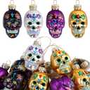 12 Pcs Day of The Dead Glass Ornaments- Dia De Los Muertos Sugar Skull Decorations- Halloween Hanging Skeleton Head Ornaments for Parties Xmas Tree Decoration