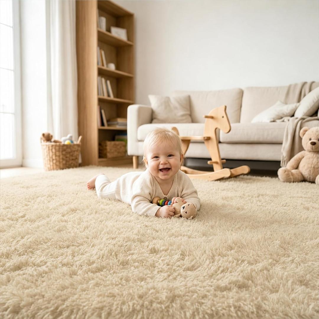 8x10 Area Rugs for Living Room, Large Fluffy Soft Shag Rug, Non-Slip Thick Fuzzy Plush Rug, Non-Shedding High Pile Furry Floor Indoor Carpet for Kids Room Nursery Dorm Home Decor(Beige)
