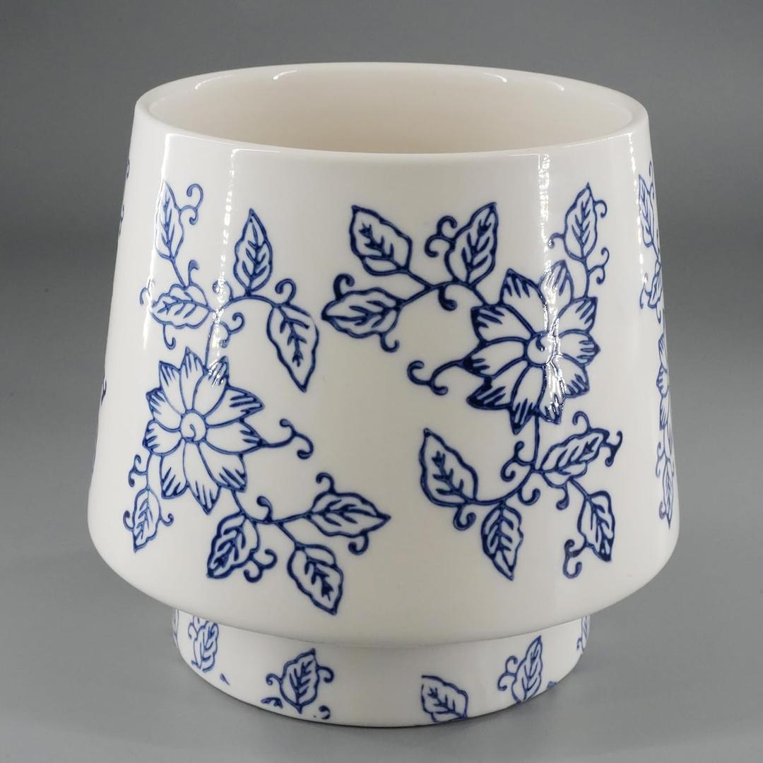 Blue and White Ceramic Flowerpot, High Footed Cup Pot with Drainage and Breathable Holes, Simple Decorative Flowerpot for Vrious Flowers and Courtyard Plants, 4.53-inch Diameter Plant Container