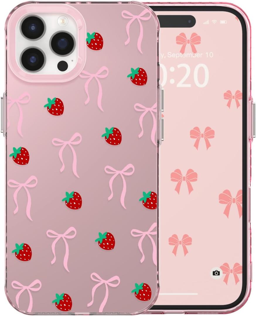 for iPhone 13 Pro Case Cute Ribbon Bow Strawberry Aesthetic Pattern Case for Women Girls, Girly Trendy Glossy Slim Shockproof Protective Bumper Cover, Strawberry Ribbon/Pink