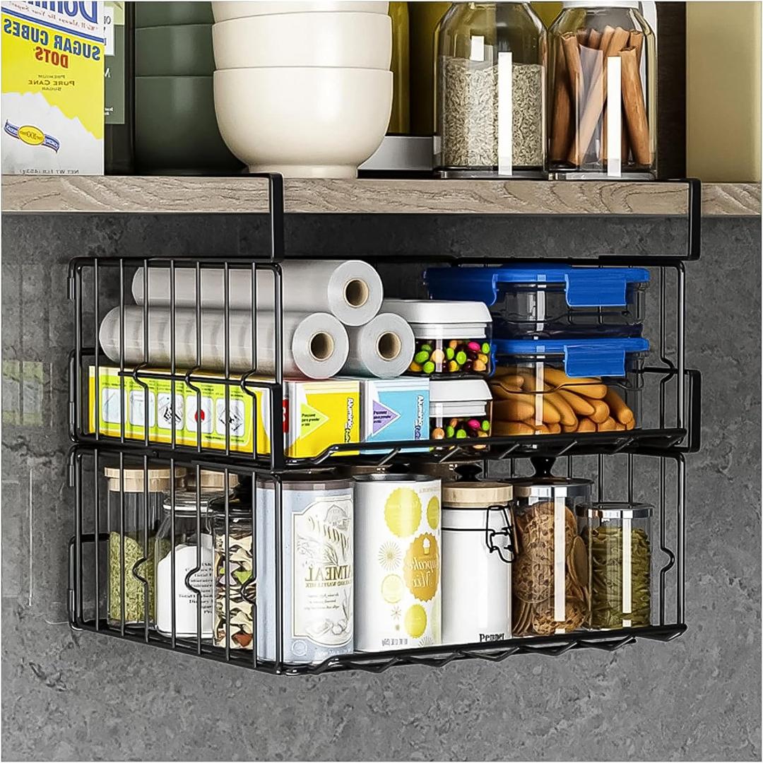 Under Shelf Basket Storage 2Pack - 11.8in Metal Under Cabinet Shelf, Hanging Wire Basket Shelves, Undershelf Storage Basket for Kitchen Pantry Bookshelf (Black)