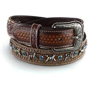 ARIAT Men's Embossed Leather Belt with Barbed Wire Accents and Blue Crystals (38, Brown)