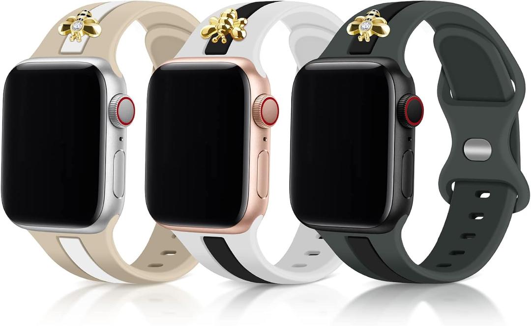 3 Pack Designer Sport Band Compatible with Apple Watch Band 38mm 40mm 41mm Women, Soft Silicone Sport Strap with Bee Decoration Compatible with iWatch Series 9 8 7 6 5 4 3 2 1 SE, WBG 38mm