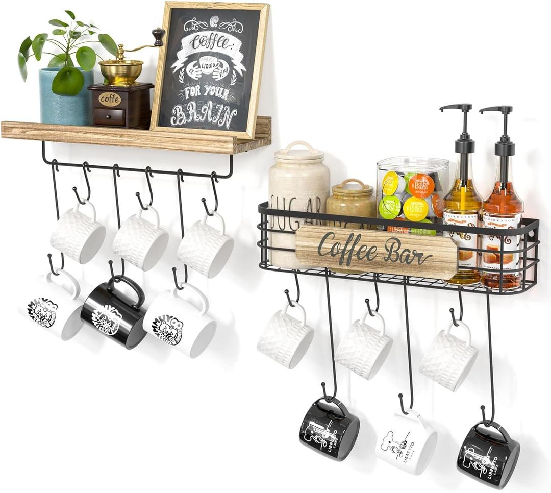 Floating Mug Racks 2 Pack - Wall Mounted Coffee Cup Holder with 12 Hooks, Mug Organizer for Kitchen, Farmhouse Coffee Bar Decor (Carbonized Black)