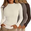 Riyiper 3 Pack Women's Ribbed Shirts, Mock Turtleneck Long Sleeve Tops Slim Fitted Undershirts Casual Basic Layering Tees (Medium, Cream, Coffee, Dark Brown)