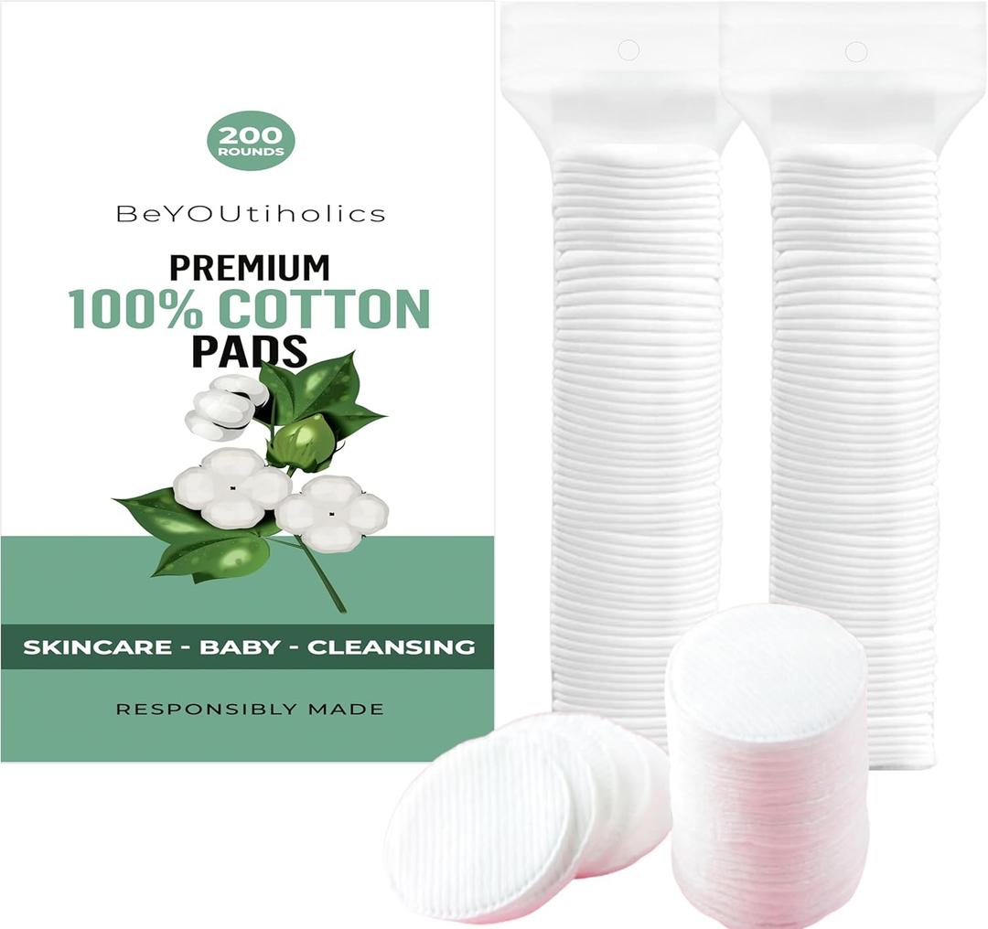 Premium 100% cotton pads, 200 rounds - Skincare, Baby, Cleansing, Gentle & soft, Hypoallergenic, Extra absorbent & Lint free.