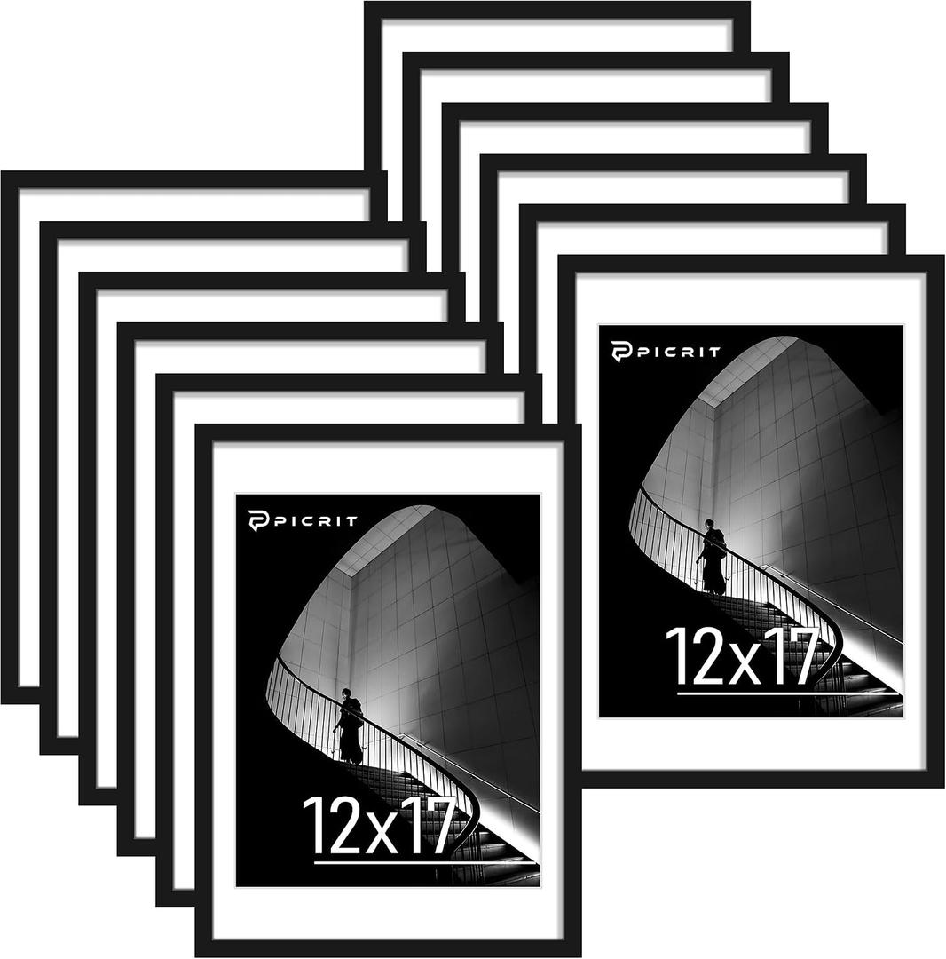 Picrit 12x17 Picture Frame Set of 12, Display 11 x 14 with Mat or 12 x 17 without Mat, Photo Frames for Wall Mounting Display, Black