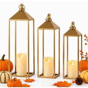 3 Pcs Large Gold Decorative Lanterns with Candles, Metal Candle Lantern