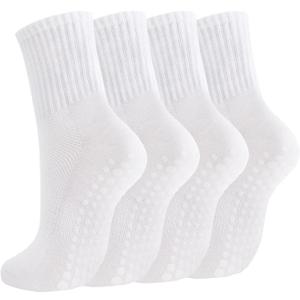Breslatte Crew Pilates Socks with Grips for Women Non Slip Cotton Grip Socks for Yoga Hospital Barre Home Daily Mesh 4white, One Size