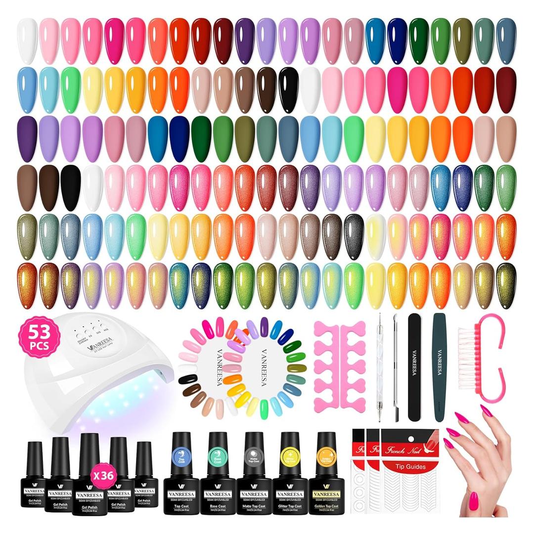 VANREESA Gel Nail Polish Kit with U V Light 53 Pcs Gel Polish Nail Set 36 Popular Colors Nail Polish Set + Base and 4 Effects Top Coat with Manicure Tools Complete Nail Kit Gifts for Women Girls (Champagne Roses)