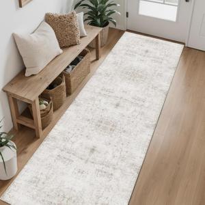 Hallway Runner Rug 2x8 Washable Area Rugs, Vintage Floral Rug Soft Non Slip Stain Resistant Boho Floor Carpet Runners for Hallways Entryway Laundry Room Kitchen Bathroom, and Bedroom Beige
