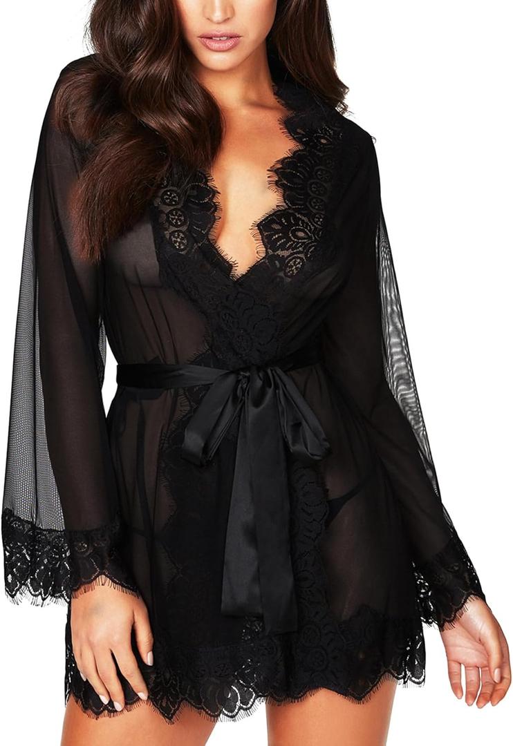 RSLOVE Women Lace Kimono Robe Sexy Babydoll Lingerie Mesh Cover Up Bridal Lingerie (Large, Black)