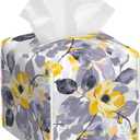 Tissue Box Cover Yellow Flower Grey Leaves Square PU Leather Tissue Box Holder for Car Bathroom Bedroom Desk Tabletop Decor