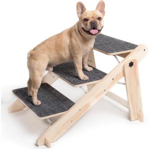 Woodure Foldable Dog Stairs, Convertible 3-Step Wooden Dog Ramp, Cat Step for High Bed Couch Car, Anti Slip Puppy Ladder for Small Medium Older Pets, 220lbs Load Capacity