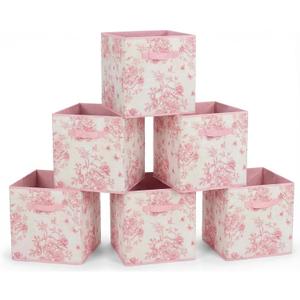 6 Pcs Pink Floral Cube Storage Bins 12.5 Inch Pink Flower Storage Basket with Handle, Preppy Girls Organizer Basket, Collapsible Fabric Box for Classroom Bedrooms Office Home Decoration (Flower)