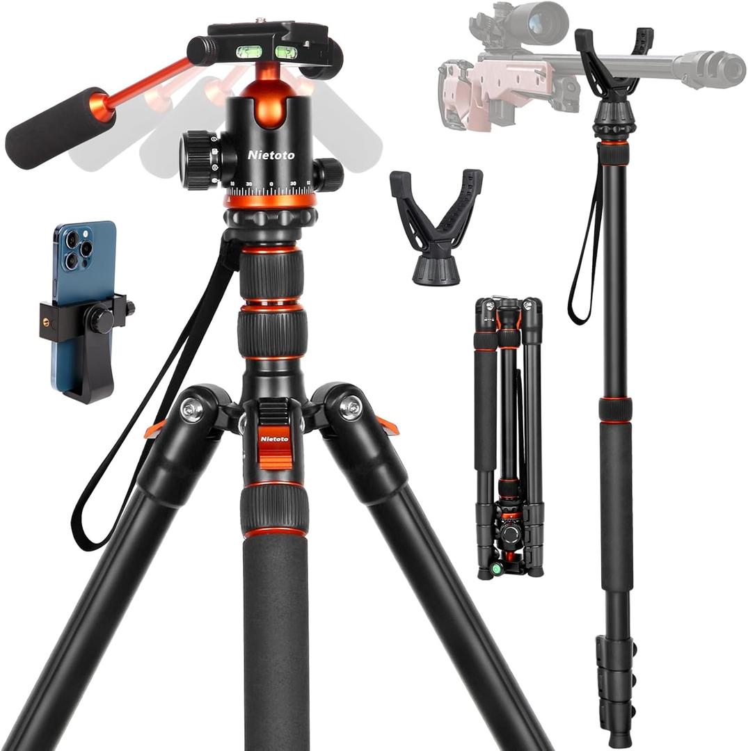 2 in1 Tripod for Camera & Hunting Tripods, 68" Camera Tripods & Monopods with Removable Handle, Aluminum Rifle Tripod & Shooting Stand, Heavy Duty Tripods for DSLR,Canon,Nikon,Sony, Extra Carry Bag (Orange)