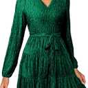 Bacrelax Simplee Womens Velvet Long Sleeve V Neck Fall Dress Tiered Flowy Mini Cocktail Dress Winter Casual Short Dresses 2025 Size L