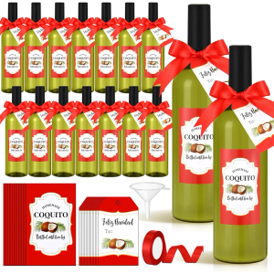 Acellegic 16 Set Christmas Coquito Bottles 25 oz Coquito Plastic Bottles with Caps Labels Stickers PVC Shrink Capsules Ribbons Funnel for Homemade DIY Craft Xmas Party Brewing Beverages Liqueur