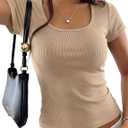 Womens Scoop Neck Ribbed Short Sleeve Tops Fitted T Shirt Slim Fit Casual Summer Basic Tee (Beige, L)