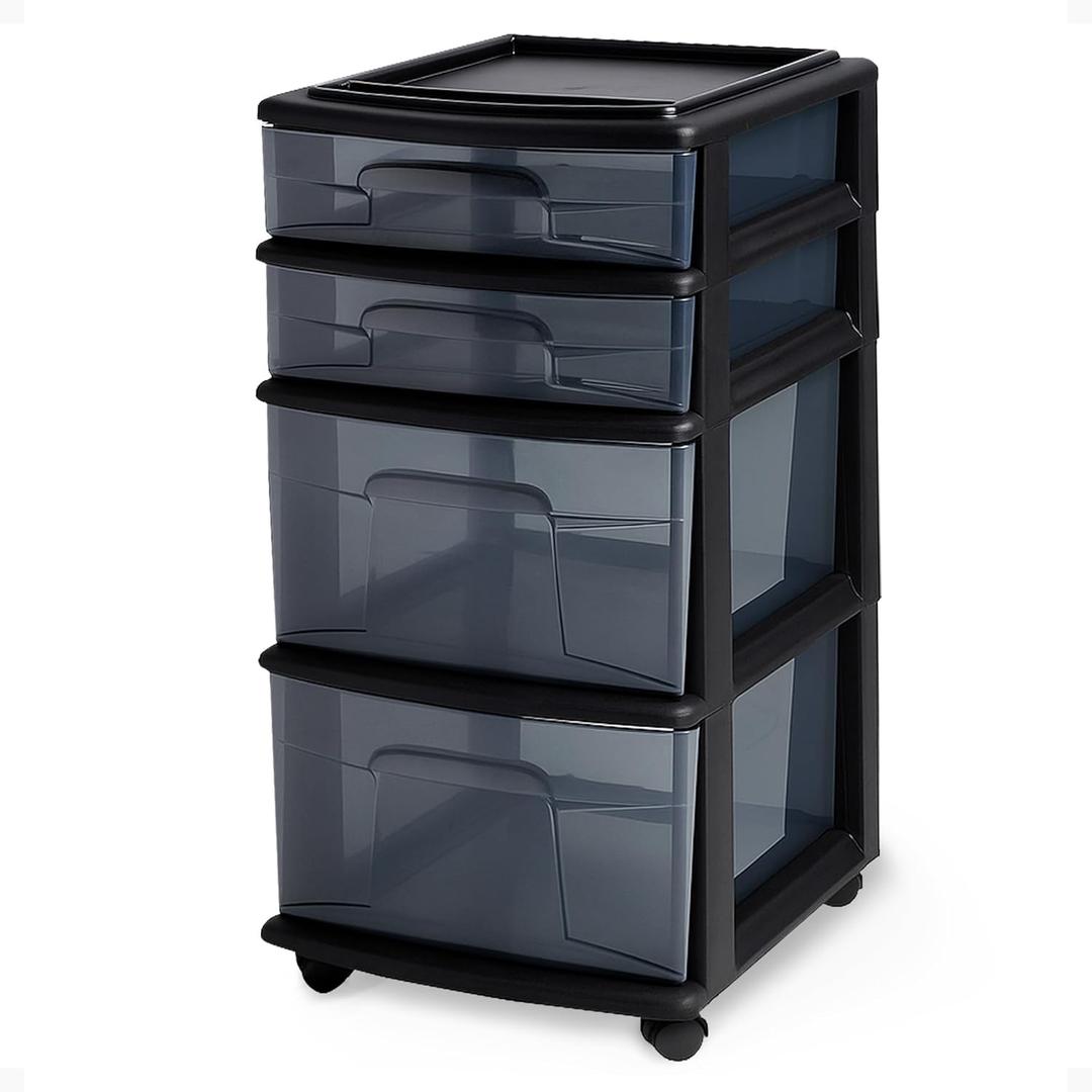 HOMZ Drawer Tower, 4-Tier Clear Plastic Storage Organizer Cart, Black Frame - Rolling Drawer Containers with Wheels for Bathroom, Bedroom, Office, and Classroom Organization (1 Pack)